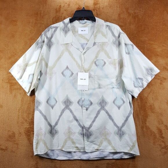 NN07 Camp Shirt Mens XL Ivory Button Up Pocket Zig Zag Chevron Casual JULIO $220 - Picture 2 of 10